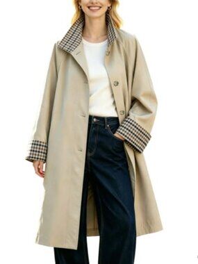 Plaid Lined Long Trench Coat Button Front Pockets Women's Casual